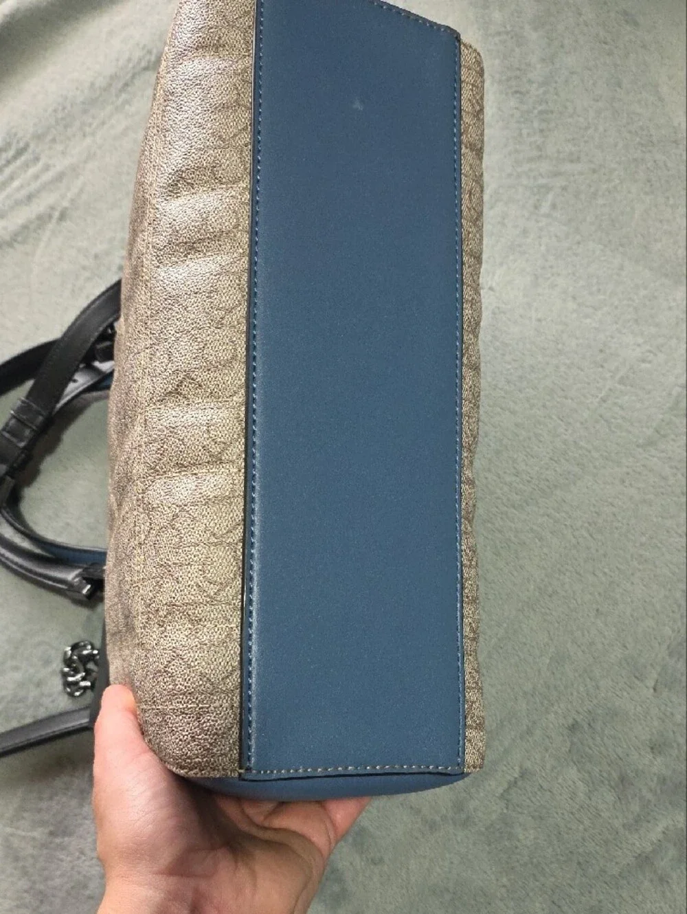 Calvin Klein Beige Monogram Satchel with Black Trim and Blue Tag